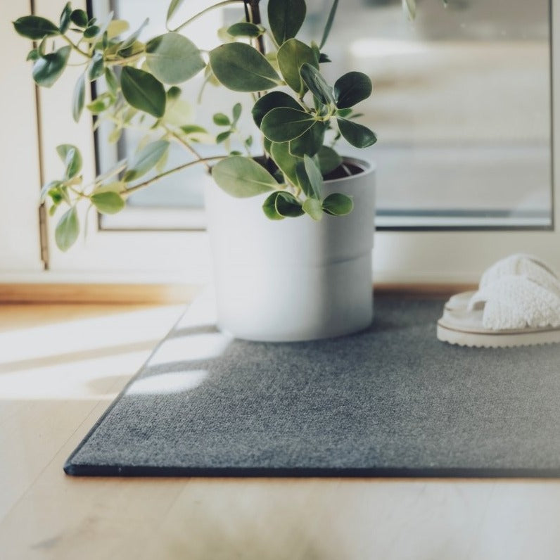 Keskiharmaa kantattu eteisen matto.